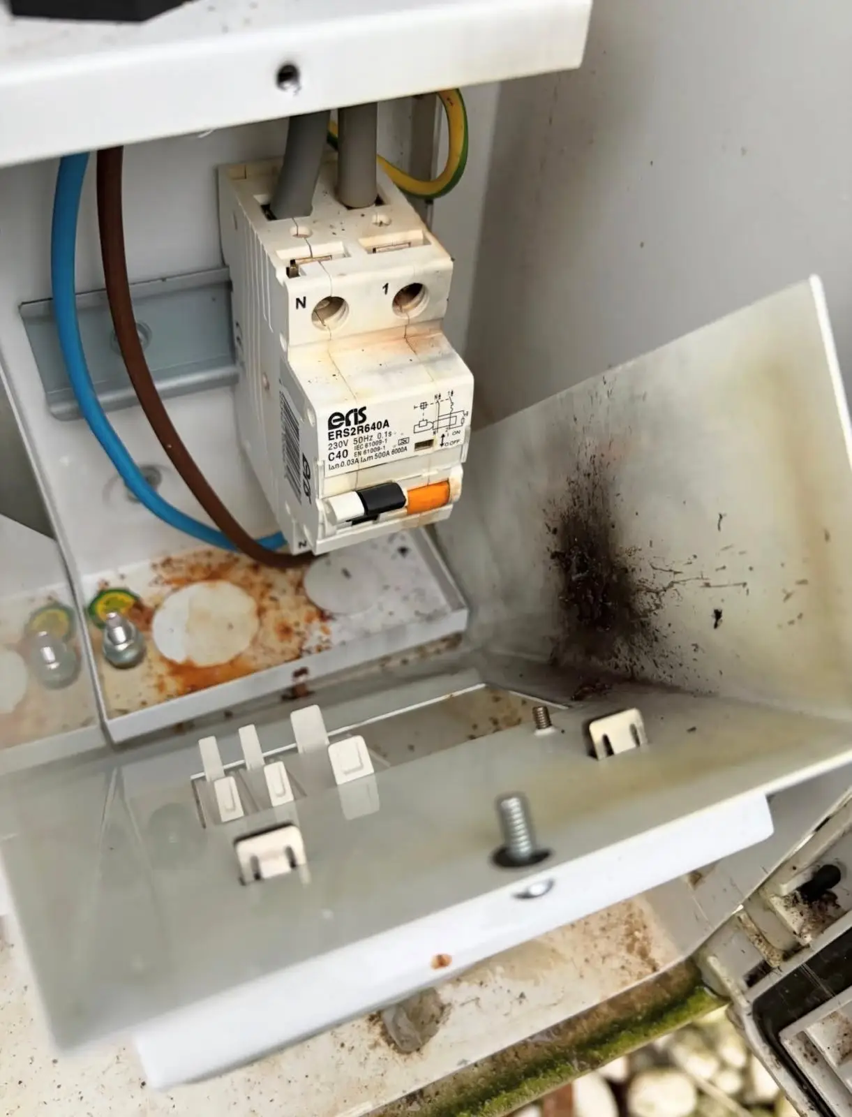 Residual current device with thermal damage and water ingress found by Bring it Ohm Electrical Solutions during an EICR