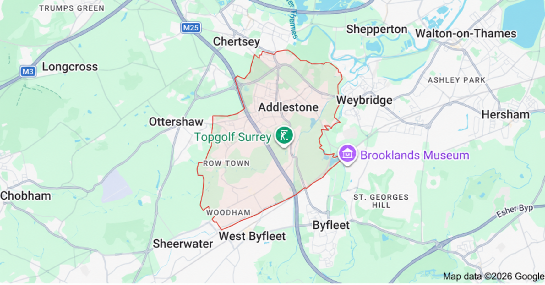 Map of the Addlestone and Woodham boundary covered by Bring it Ohm Electrical Solutions, electrician in Addlestone