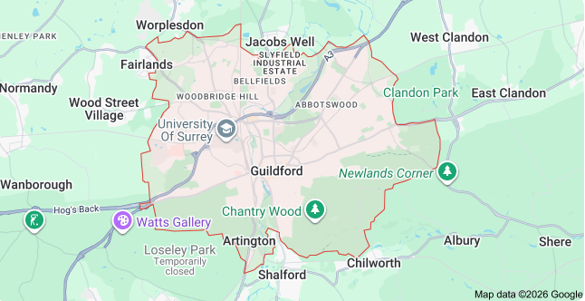 Map of Guildford showing the area covered by Bring it Ohm Electrical Solutions, electrician in Guildford