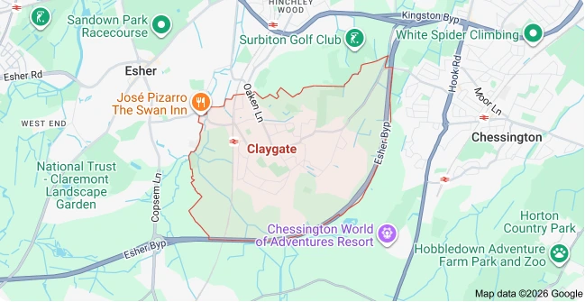 Map of Claygate showing the area covered by Bring it Ohm Electrical Solutions, electrician in Claygate