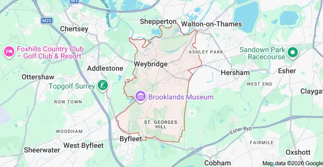 Map of Weybridge and the surrounding areas covered by Bring it Ohm Electrical Solutions