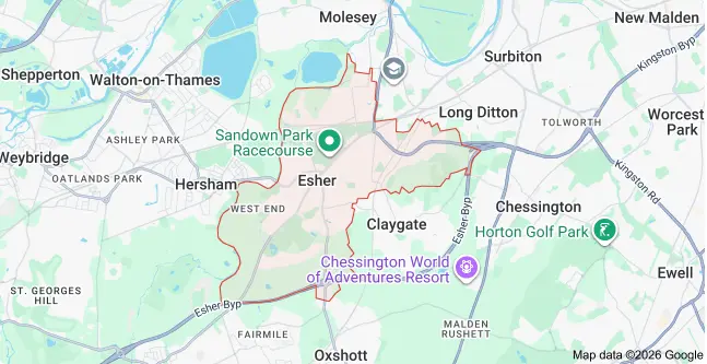 Map of Esher showing the area covered by Bring it Ohm Electrical Solutions, electrician in Esher
