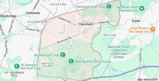 Map of Hersham showing the area covered by Bring it Ohm Electrical Solutions, electrician in Hersham