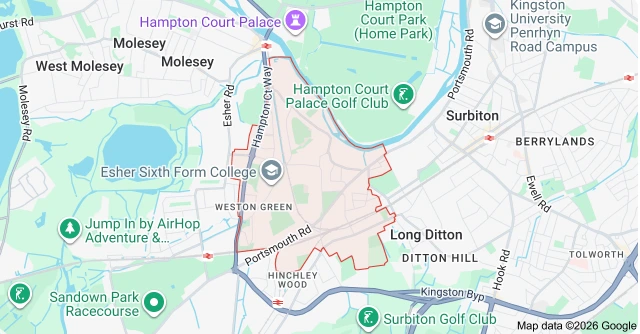 Map of Thames Ditton showing the area covered by Bring it Ohm Electrical Solutions, electrician in Thames Ditton